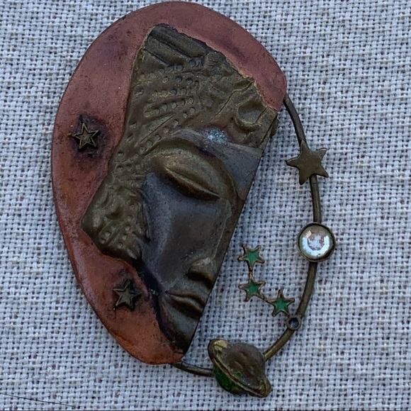 unmarked Jewelry - OOAK Vintage Artesian Egyptian Planetary Metal Brooch Pin Jewelry Planet Stars